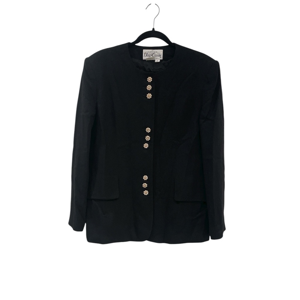 Oleg Cassini Vintage Black 100% Wool Blazer Gold Flower Crystal Buttons